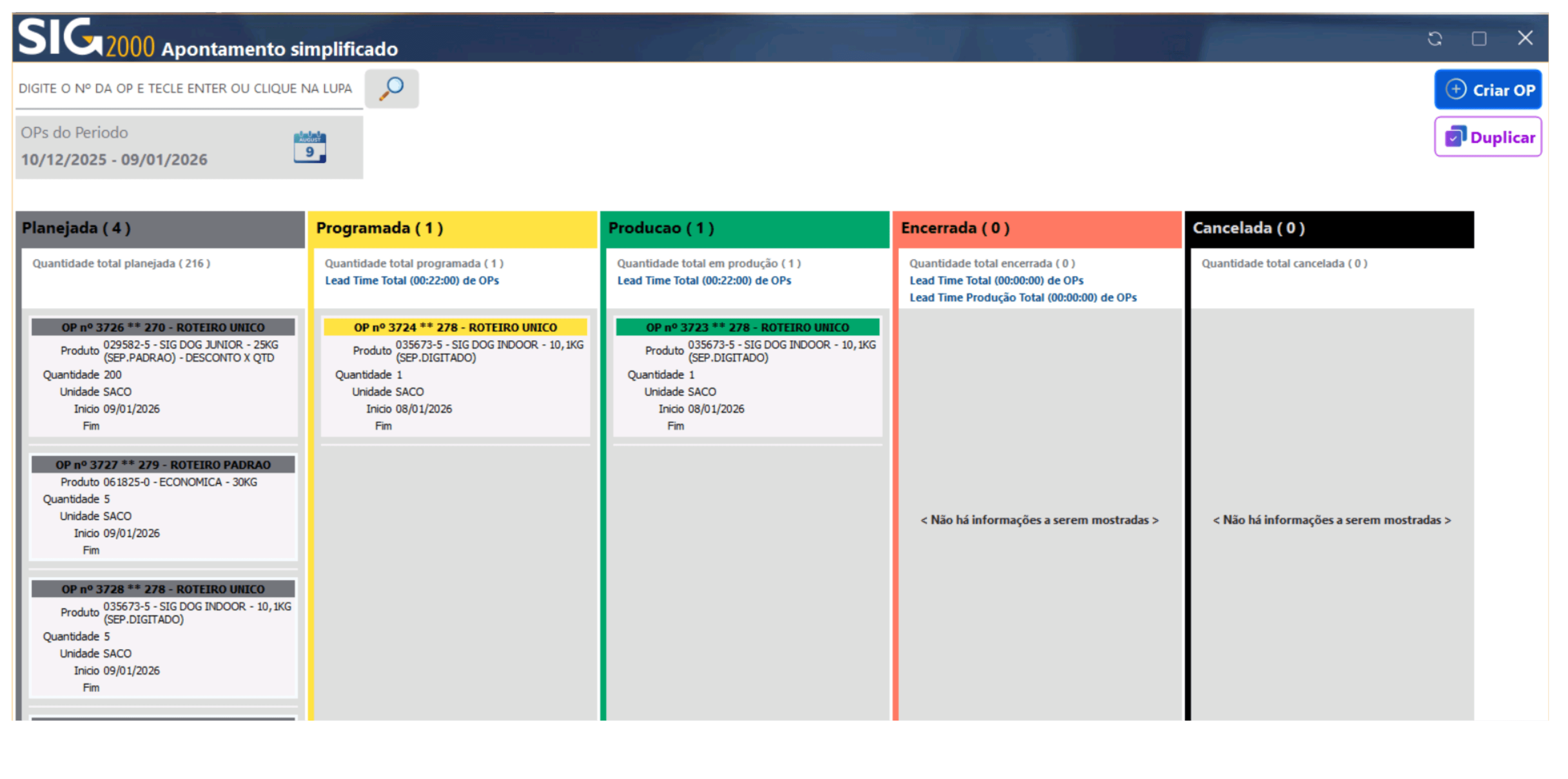 Tela de Planejamento e Controle de Produção - Kanban SIG 2000
