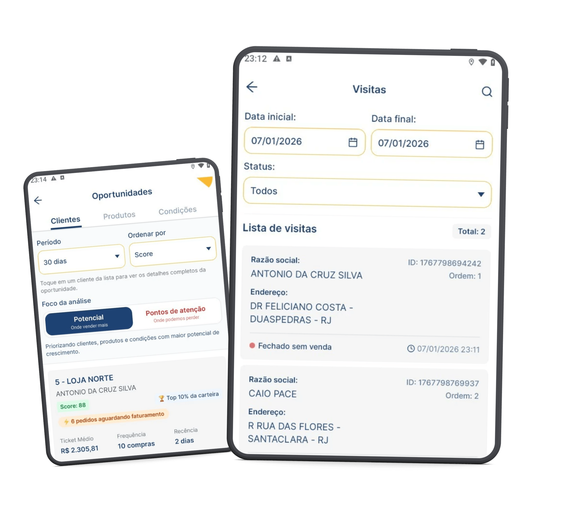 Telas do App mostrando Oportunidades e Visitas