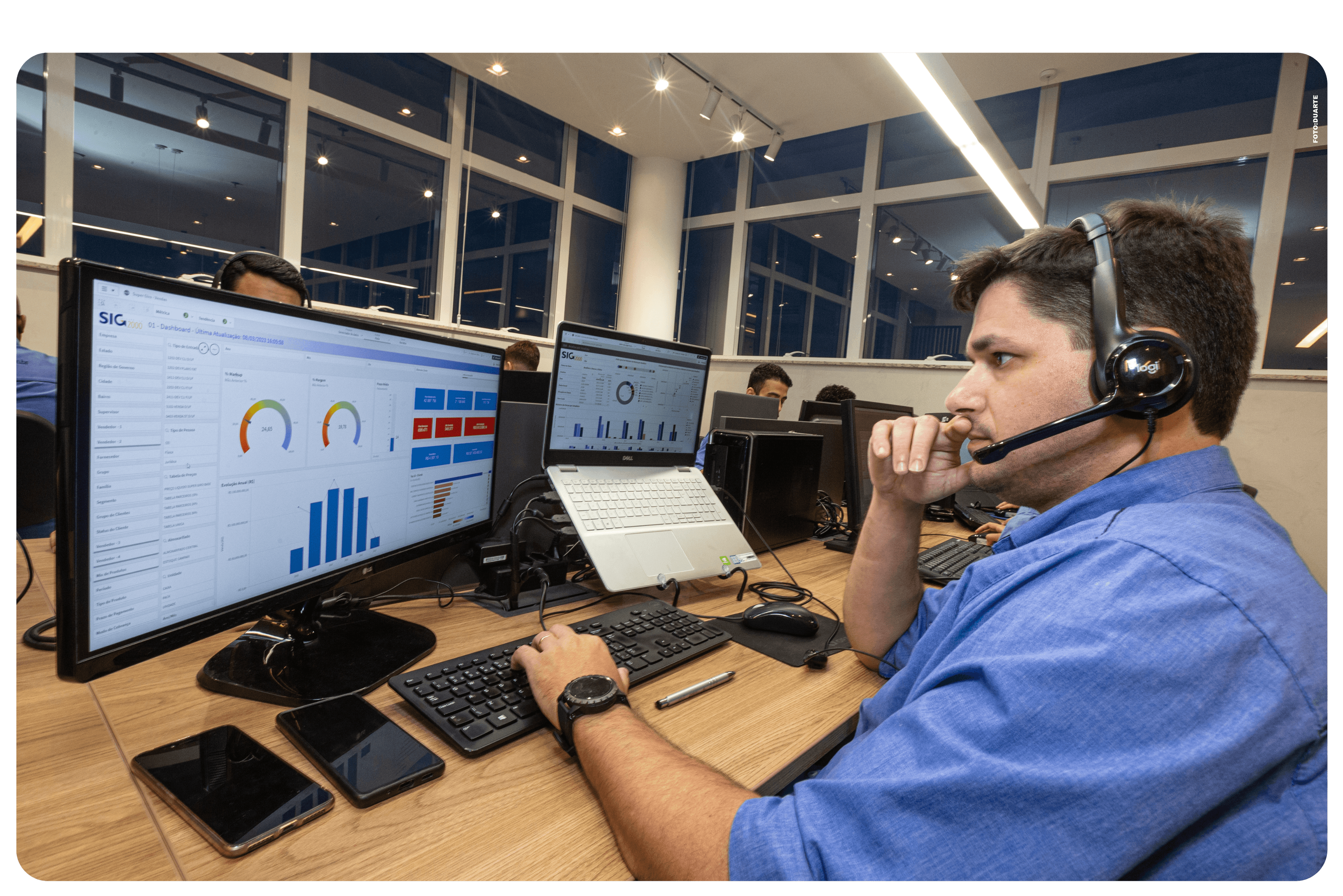 Profissional de suporte SIG2000 com headset analisando dashboards