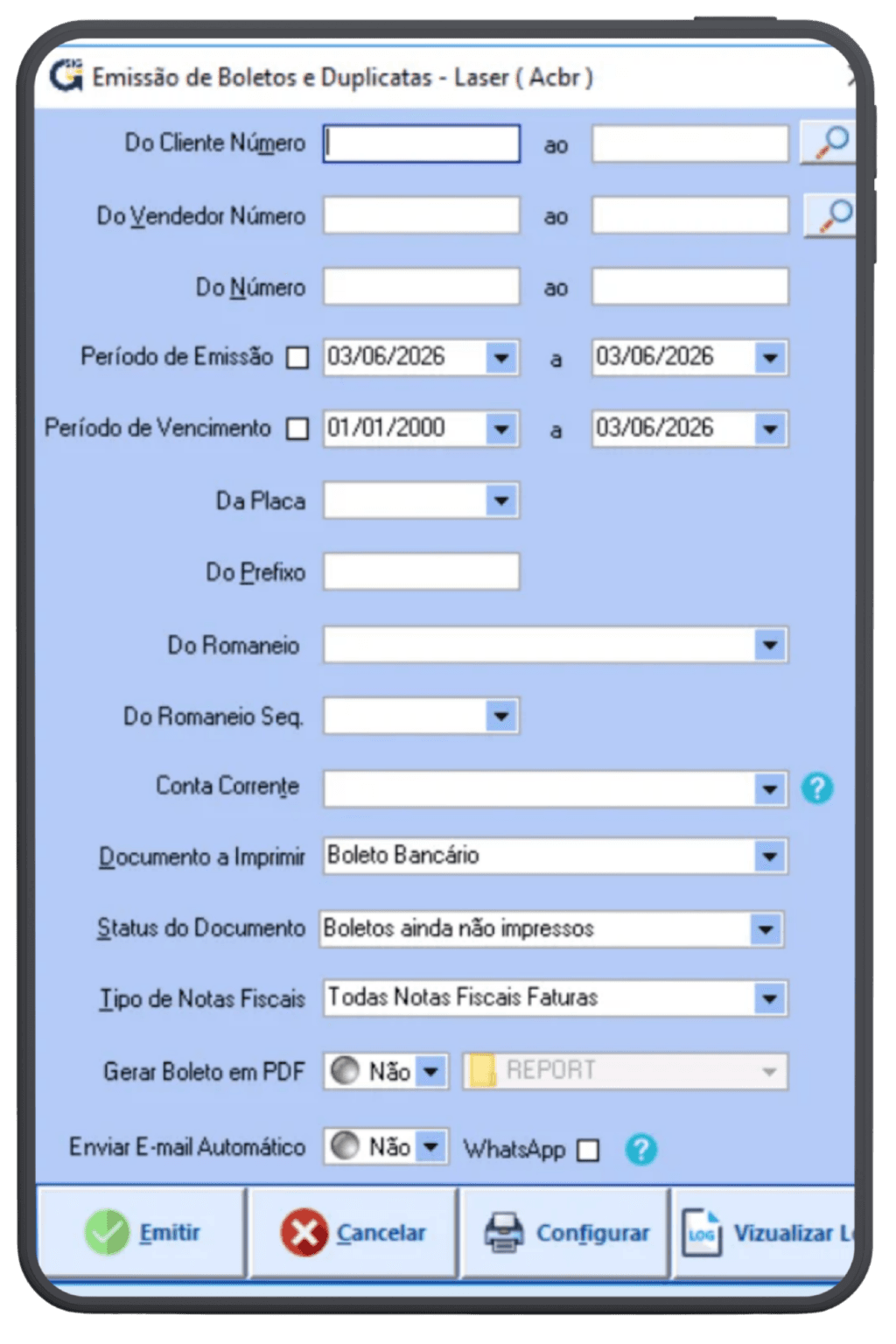 Tela do ERP SIG 2000 para emissão de boletos e envio pelo WhatsApp